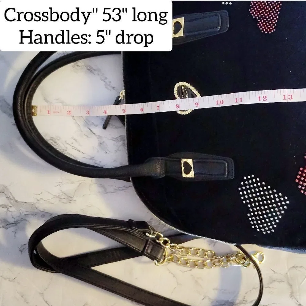 Betsey‎ Johnson Black Velvet Studded Hearts Dome Satchel Crossbody Bag Large